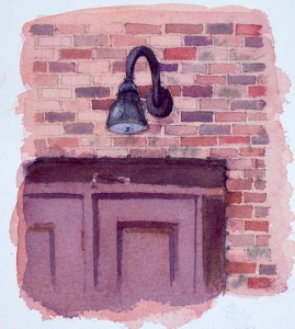 Watercolor painting of a lamp above a doorway